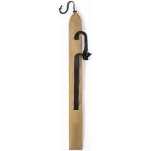 A wooden tool with a pointed end, featuring a black strap and hook at the top.