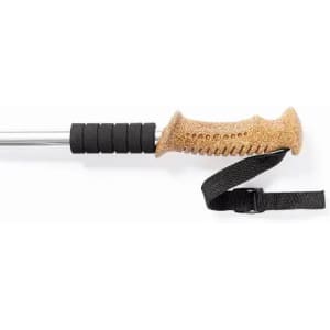 A trekking pole with a cork grip, rubberised sections, and an adjustable wrist strap, featuring a silver shaft.