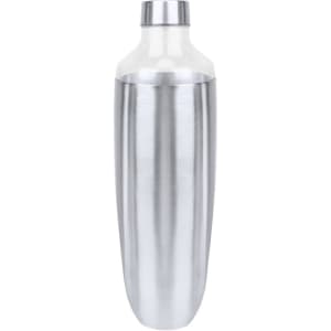 A drink bottle with a sleek silver stainless steel finish and a clear lid, featuring a logo.