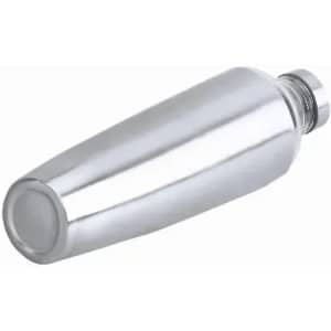 A drink bottle with a sleek, silver metallic finish and a tapered design, featuring a screw top and a logo.