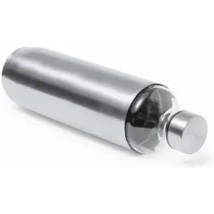 A stainless steel drink bottle with a clear base and a silver cap, featuring a logo on its surface.
