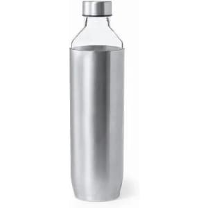 A drink bottle with a clear glass body and a sleek stainless steel sleeve and lid. It features a simple logo.