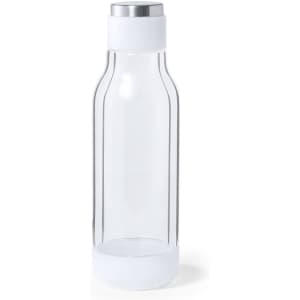 A drink bottle in clear plastic with a white base and silver lid, featuring a logo.