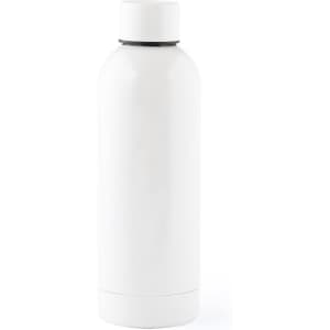 A drink bottle in white, featuring a sleek design and a cap at the top, with a logo present.
