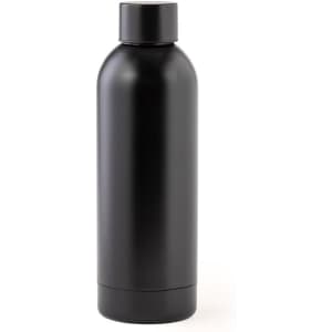 A drink bottle in matte black with a sleek design and a removable cap, featuring a branding logo.