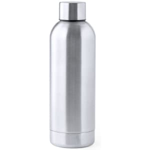 A drink bottle in a sleek stainless steel finish with a rounded body and a threaded cap, featuring a logo.