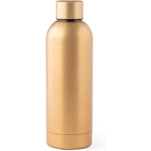 A drink bottle in a glossy gold finish with a sleek, modern design and a simple cap.