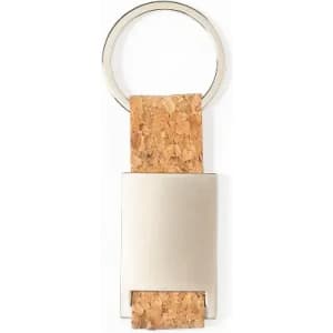 A keyring with a metallic finish and a cork accent, featuring a circular attachment.