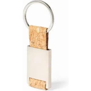 A keyring featuring a silver metal base and a cork strap, showcasing a modern design.