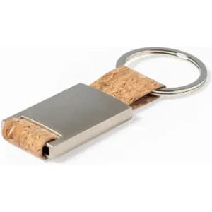 A keychain featuring a metallic rectangular body with a cork strap and a silver keyring attachment.
