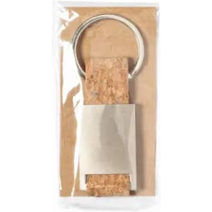 A keyring with a silver metal design and a cork detail, packaged neatly in clear plastic.