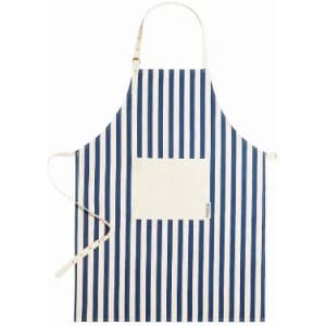 A striped apron in navy blue and cream featuring a front pocket and adjustable neck strap.