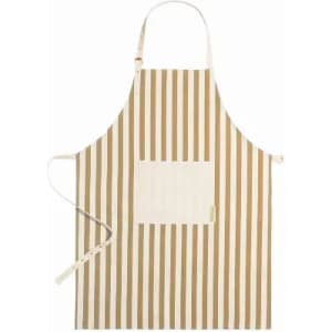 A striped apron in beige and cream with a front pocket and adjustable neck strap. Features a branding logo.
