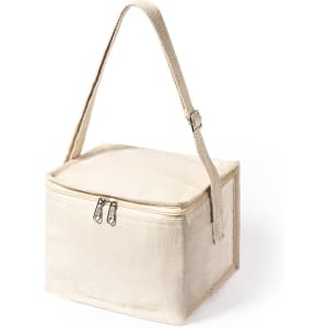 A square, cream-coloured bag with a zip closure and a long, adjustable strap. It features a simple, minimalistic design.