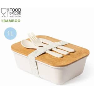 A food container with a bamboo lid, featuring an elastic strap and utensils, in cream and natural wood tones.