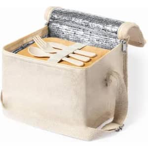 A storage bag in beige with a grey lid, featuring wooden utensils and a strap for carrying.