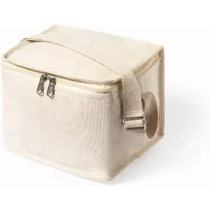 A cream insulated bag with a zip closure and an adjustable shoulder strap. It features a sturdy construction.