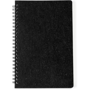 A black spiral-bound notebook with a textured cover. It features a wire spiral along one edge.