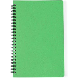A green spiral-bound notebook with a plain cover and visible spiral binding.