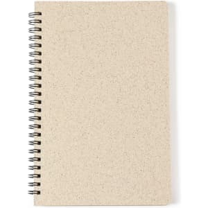 A beige notebook with a spiral binding and a textured cover. It has no visible markings or logos.