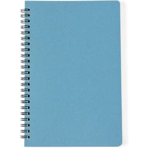 A blue spiral-bound notebook with a plain cover and a wire binding. It features a textured, recycled appearance.