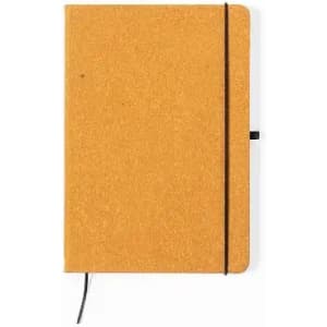 A notebook with a cork cover in a natural orange hue, featuring an elastic band closure.