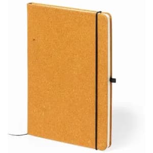 A cork-covered notebook with a black elastic band, featuring a textured golden-brown exterior.