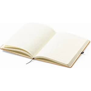An open notebook with lined pages and a ribbon bookmark, featuring a light cover.