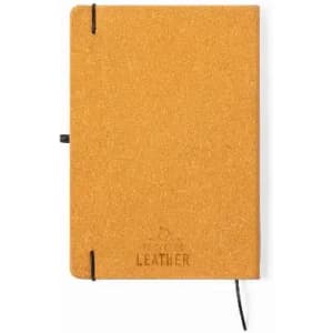 A notebook with a brown recycled leather cover, featuring a black elastic band and a subtle logo.