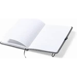 A grey notebook with an open spine and lined white pages, showcasing its blank interior. It features a ribbon bookmark.