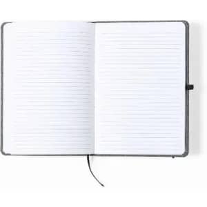 A notebook with a grey cover, featuring blank lined pages and a black ribbon bookmark.