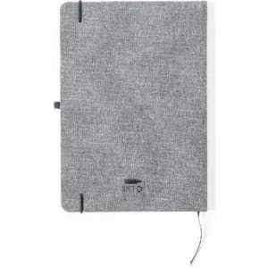 A grey notebook with a textured cover and a branding logo on the front, featuring a string closure.