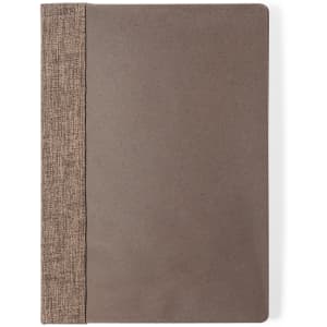 A rectangular notebook in earthy brown tones, featuring a textured fabric spine and smooth cover.