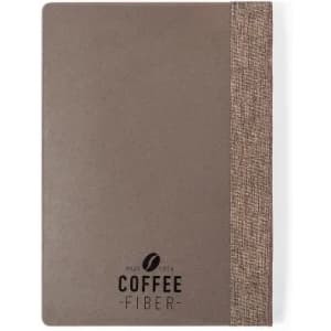 A notebook with a brown cover featuring a textured side and a logo printed on the front.