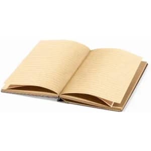 An open notebook with lined pages and a brown cover, showcasing blank interior leaves.