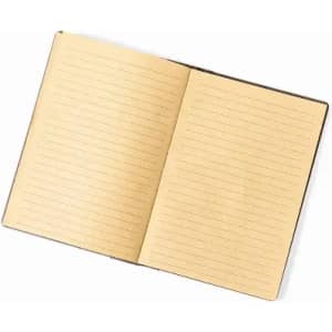 An open notebook with lined pages, featuring a brown cover and blank, cream-coloured sheets.