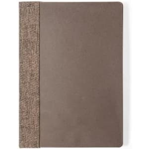 A notebook with a brown cover and a textured fabric spine, featuring a simple design without visible text or branding.