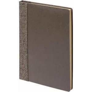 A notebook with a brown cover and a textured fabric spine, featuring blank pages and a minimalist design.