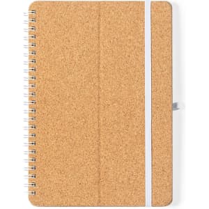 A cork-covered notebook with a spiral binding and a white elastic band. The cover is a natural brown colour.