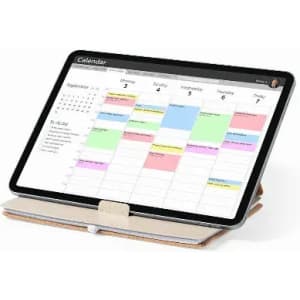 A digital calendar displayed on a tablet with a simple cover. It has a variety of colours for different entries.