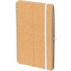 A cork-covered notebook with a spiral binding and a white elastic band, featuring a natural brown colour.