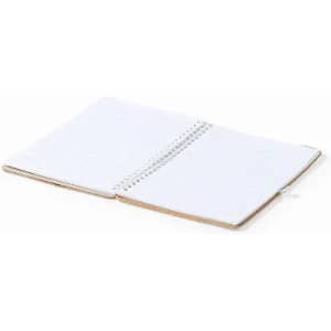 A spiral-bound notebook with blank pages, featuring a simple design and a light, neutral binding.