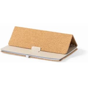 A cork tablet stand with a beige base, featuring an open design and a secure tab closure.