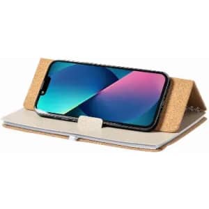 A phone stand made from cork and beige material, featuring an adjustable design for holding a smartphone.