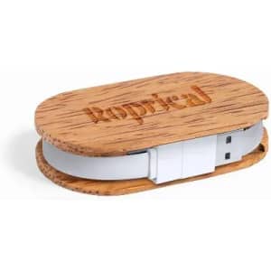 A wooden USB holder featuring a smooth white USB connector. It has branding engraved on the top.