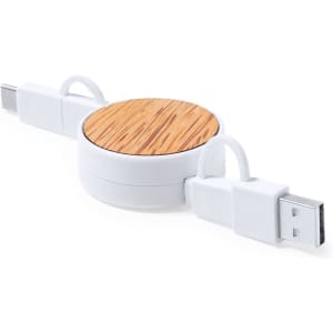 A retractable charging cable with a bamboo textured round section and white connectors.