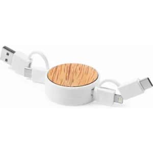 A charging cable organizer with a wooden top and white base, featuring USB, Lightning, and USB-C connectors.