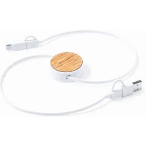 A charging cable with a round bamboo centre and white connectors on each end.