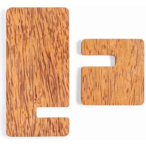 Two wooden pieces with a natural finish, featuring distinct grain patterns and shapes, one larger and one smaller.