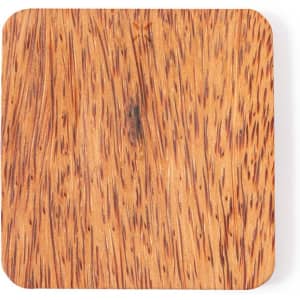 A wooden square coaster with a rich, textured surface featuring natural patterns and tones of brown.